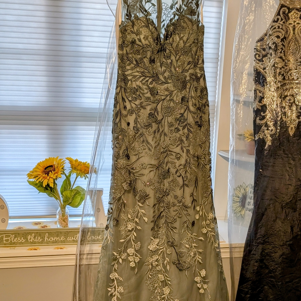 Montage by Mon Cheri Asymmetrical Dress in Olive and Black